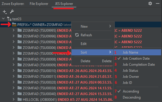 Select job name when sorting